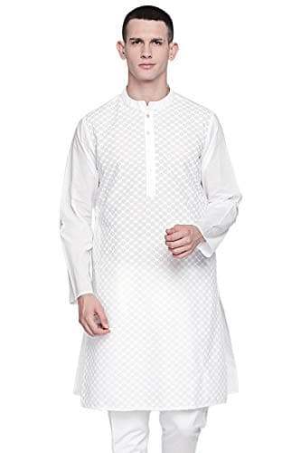 In-Sattva Men's Indian Band Collar Pure White All-Over Embroidered Kurta Tunic, Check, White, Large