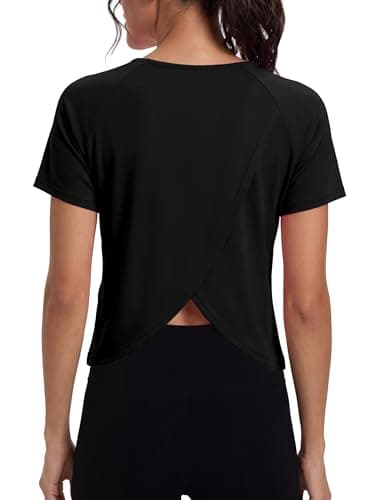 Quenteen Short Sleeve Workout Tops Athletic Shirts Gym Clothes Exercise Running Crop Top Tshirts for Women Loose Fit Black Medium