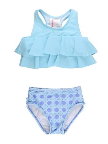 RuffleButts Girls UPF50+ Sun Protection Flounce Bikini Two Piece Swimsuit - Periwinkle Blue Coastal Cane, 18-24m