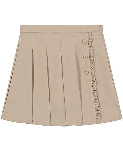 Nautica Girl's School Uniform Pleated Pull-on Scooter Skirt with Undershorts, Knit Waistband, Khaki Ruffle, 6X