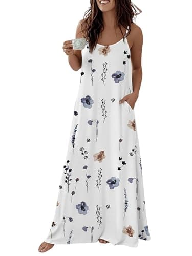 CHICME Allover Watercolor Floral Print U-Neck Adjustable Spaghetti Straps Maxi Dress Casual Backless Loose Fit Loungewear Dress-w-XL