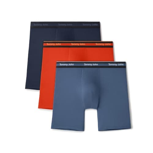 Tommy John Men's Comfort Micro 6" Mid-Length Boxer Brief Underwear, 3-Pack, Dress Blues/Tangerine Tango/Blue Horizon, Large