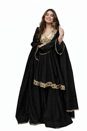 MINTMARK FASHION Women’s Silk Anarkali Sharara Set with Mirror Work – Traditional Ethnic Kurta Sharara Outfit for Wedding, Festival Wear (US, Alpha, Medium, Regular, Regular, Black)