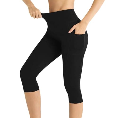 Shiketong High Waisted Capri Leggings for Women Tummy Control Butt Lifting Anti Cellulite Compression Workout Tights with Pockets Cropped Athletic Yoga Pants for Gym Fitness Running Jogging Black
