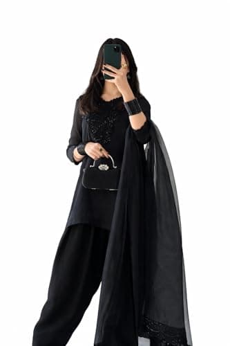 MINTMARK FASHION Women's Farshi Embroidery Work Kurta Palazzo Set With Dupaata Kurta Set for Women (US, Alpha, Small, Regular, Regular, Black)