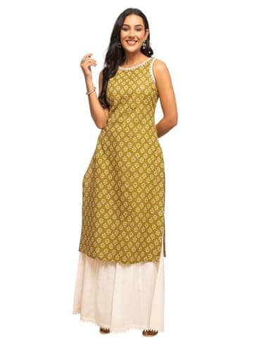 FIORRA Women's Floral Printed Yellow Cotton Straight Kurta FAR0109