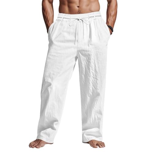 Puimentiua Men Casual Cotton Linen Pants, Elastic Drawstring Waist Summer Trousers Loose Fit Lightweight Beach Lounge Pants (L, White)
