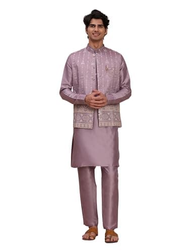 Pro-Ethic Style Developer Mens Heavy Cotton Silk Sequence Kurta Trouser Set With Waistcoat (Nehru Jacket) (C-124) Lavender Medium