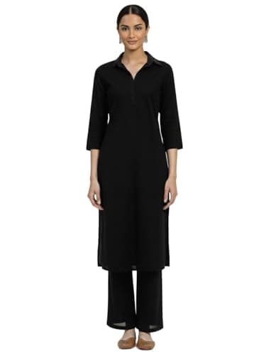 Thevasa Women's Collar Comfort Kurta (Kurta Only) Black