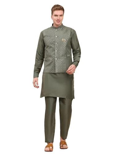 Pro-Ethic Style Developer Mens Indian Traditional Silk Kurta Set With Jacket For Men Floral Design (C-114) Green XX Large