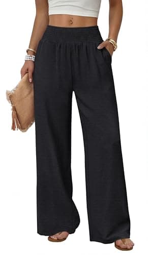 Sampeel Black Wide Leg Linen Pants Woman Boho Palazzo Trousers for Women 2026 Flowy Summer Beach Vacation Outfits Spring Cruise Travel Fashion Clothing Dressy Casual Lounge Resort Wear M