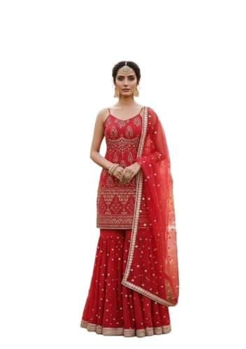 Indya Red Embroidered Georgette Sharara Set for Wedding | Spaghetti Strap | Sweetheart Neck | Indian Ethnic Wear