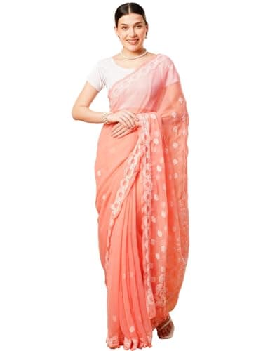 Ada Indian Women's Hand Embroidered Lucknow Chikankari Faux Georgette Saree with Blouse A191488 Peach
