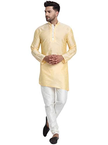 SKAVIJ Men's Art Silk Self Design Kurta Pajama Set Mandarin Collar 2-Piece Ethnic Festive Dress (KP071beige_Beige_XL)