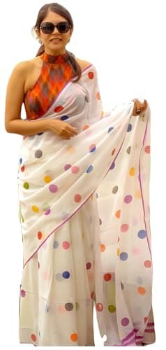 Sidhidata Women's Polka Dot Printed Linen Cotton Saree With Unstitched Blouse Piece (Laddu_Free Size)