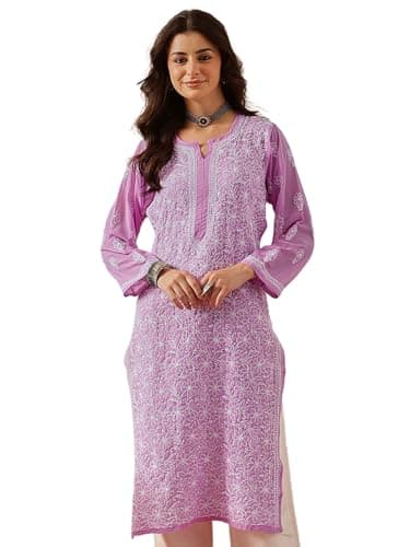Ada Hand Embroidered Indian Chikankari Georgette Kurti Kurta Tunic Dress A100286 (2XL, Lavender)