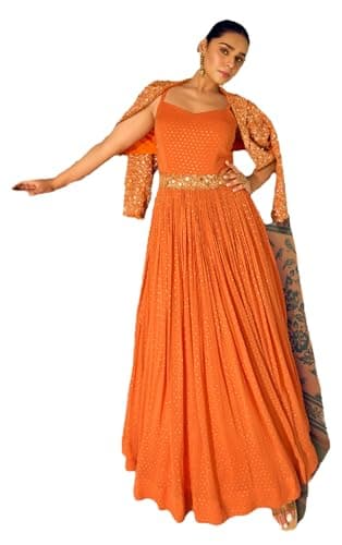 STELLACOUTURE Ready to wear salwar kameez for women, Indian Pakistani traditional ethnic gown suit, Wedding, Party 2980-O (Orange, 44)