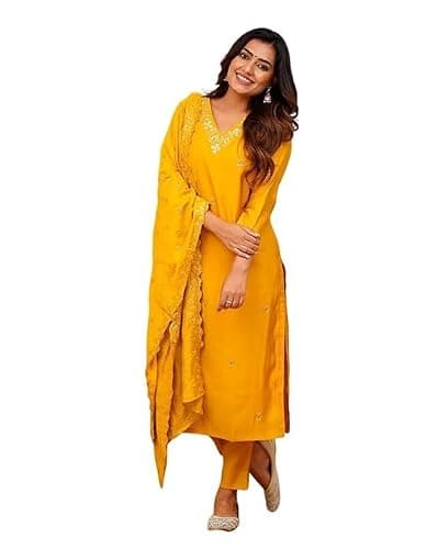 FOXDX Women's Embroidery Art Silk Straight Kurta Set with Dupatta (US, Alpha, X-Large, Regular, Regular, Yellow)