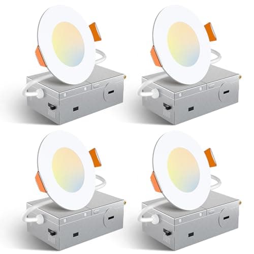 Amico 4 Pack 3 Inch 5CCT Ultra-Thin LED Recessed Ceiling Light with Junction Box, 2700K/3000K/3500K/4000K/5000K Selectable, 7W Eqv 60W 500LM Brightness Dimmable Canless Wafer Downlight, ETL