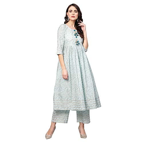 Idalia Sky Blue Printed Cotton Flared Kurta with Palazzo Set for Women