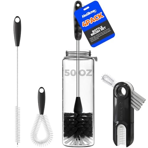 Holikme 4Pack Bottle Brush Set, 14" Long Handle Stainless Steel Bottle Brush, Straw Brushes, Cup Cleaner Brush, 3-in-1 Bottle Cleaning Brush for Water Bottle, Antistatic Lab Brushes, Straws Black