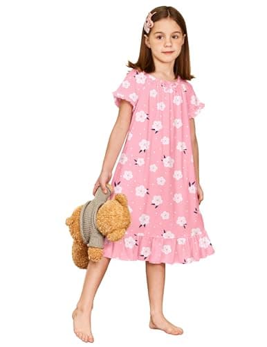 Arshiner Girls Nightgowns Sleepwear Short Sleeve Victorian Pajama Dress Soft Princess Sleepshirt Pink Cute Flower 7-8 Years