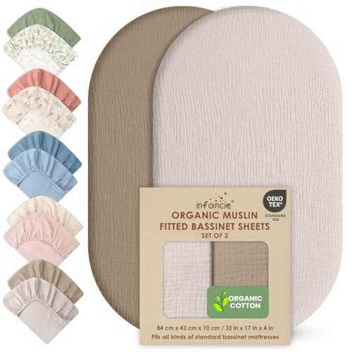 Infancie 100% Organic Cotton Muslin Baby Bassinet Baby Sheet 33 X 17 Inch Soft Breathable Lightweight Stretchable Bed Sheet 2 Pack Gentle On Skin Durable Snug Fit Sheet for Newborn Bassinet Mattress