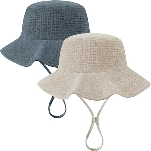 2 Pack Muslin Baby Sun Hat Sun Protection Baby Bucket Hat with Wide Brim Beach Hats for Boys Girls (US, Age, 2 Years, 4 Years, Grey + Navy)