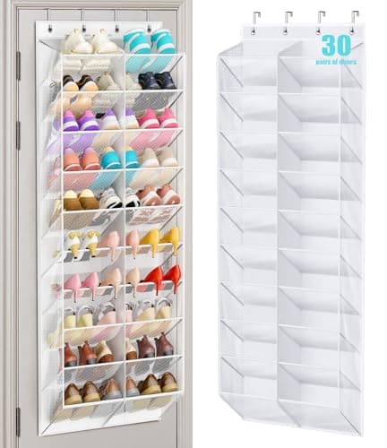 MISSLO 30 Pairs Over the Door Shoe Organizer Breathable Mesh Hanging Shoe Rack for Closet Storage with Wide Deep Pockets 10 Tier Shoes Holder Fit All the Family's Sneakers, Boots, Heels (White, 71")