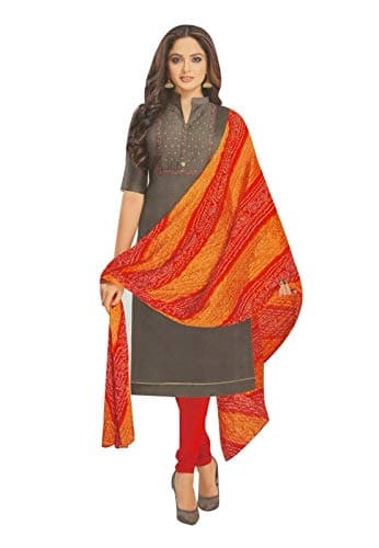 ladyline Chanderi Silk Embroidered Salwar Kameez with Printed Chinon Silk Dupatta (Size-40/ Brownish Gray)