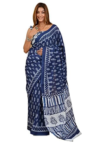 Shivanya Handicrafts Indian Jaipuri Bagru Ajrak Hand Block Printed Designer Ethnic Woven Party Wear Bollywood Style Cotton Mulmul Saree for Women With Blouse Piece_SH-1256