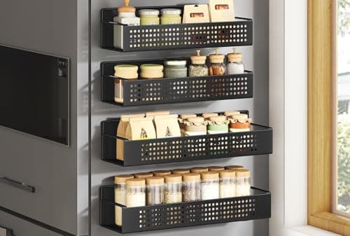 SONGMICS Strong Magnetic Spice Rack for Refrigerator, Set of 4, 2 Large and 2 Small Kichen Magnetic Shelves for Microwave, Washing Machine, Spice Organizers, No Drilling Needed, Ink Black UKCS061B01