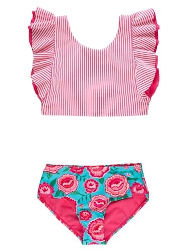 RuffleButts Baby/Toddler Girls UPF50+ Waterfall Tankini Two Piece Swimsuit - Bright Blossoms, 3T