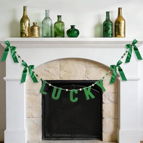 St. Patrick's Day Garland Decorations, 6.1Ft Glitter Sequin Wooden Lucky & Satin Bows Hanging Banner with Pearl Beads, Sanit Patty's Irish Holiday Mantel Fireplace Wall Party Decor
