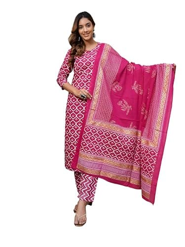 INDACORIFY Rayon Printed Kurti With Pant Dupatta Set For Women's Casual Suit Summer Dress (US, Alpha, 5X-Large, Regular, Regular, Pink)