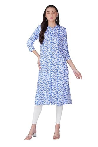 Sunehla Deal Printed Rayon A-Line Kurti for Women | Collar Neck | 3/4 Sleeve Indian Casual Wear (Cloud Blue, X-Large)