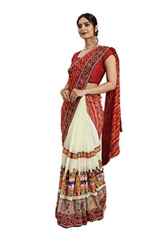 saree for Womens Ethnic Indian Wedding Gift Sari With Blouse Piece party wear (Red & Off-White, Unstitched)