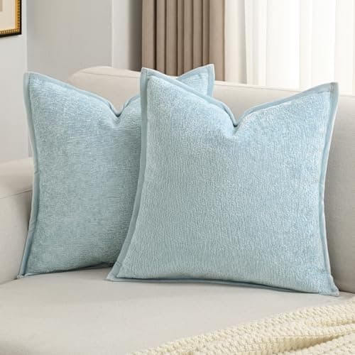 FUTEI Light Blue Chenille Throw Pillow Covers 16x16 Inch Set of 2,Soft Cozy Bound Edge Design Cushion Case,Home Decor for Couch Bed Living Room