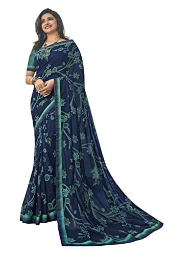 MOHIT CREATIONS Women's Partywear Printed Saree with Unstitched Blouse (DARK BLUE)