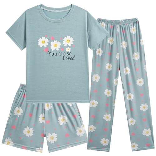 Hupohoi Kids Girls Pajama Sets Summer Short Sleeve With Shorts And Pants 3PCS Sleepwear Cute Cartoon Loungewear 6 to 17 Years, Heart Daisy, 18