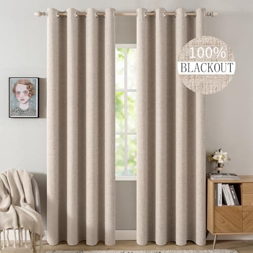 MIULEE 100% Blackout Linen Textured Curtains for Bedroom Solid Thermal Insulated Natural Beige Grommet Room Darkening Curtains & Drapes Luxury Decor for Living Room 52 x 84 Inch (2 Panels)