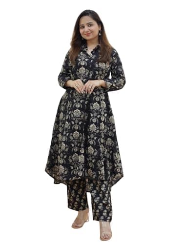 Generic Aashita Creations Women's Rayon Floral Ethnic Kurta Pant Co-ord Set Black-XXL, XX-Large