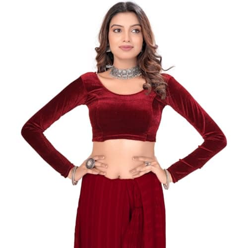 Stylesindia Stretchable Velvet Blouse for Women – Full Sleeve Saree Crop Top, Soft Velvet Fabric, Party & Wedding Wear, Readymade Choli (Maroon, XL)