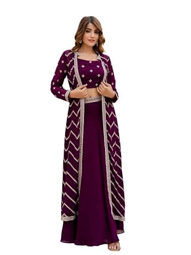 TRENDMALLS Women Georgette Embroidery Sequence Work Crop top Lehenga With Shrug Set (G276-Purple-XXL-)