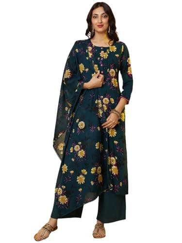 Tissu Women's Rayon Navy Floral Printed Kurta & Palazzo With Cotton Dupatta (Tis-683_Dark Green_L)