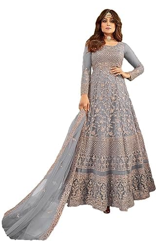 STELLACOUTURE women's indian traditional full length heavy embroidered ethnic salwar suit with dupatta (2318-O) (Grey, LARGE)