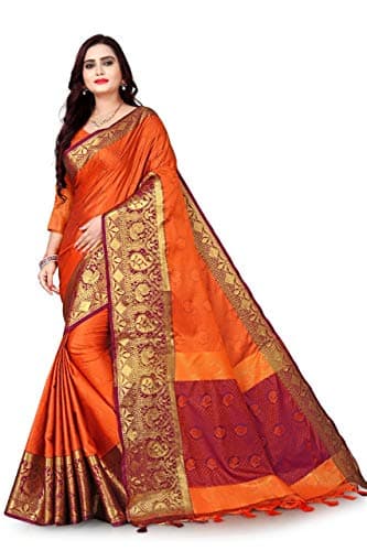 MOHIT CREATIONS Wedding Wear Traditional Pure Cotton Silk Saree With Unstitched Blouse Piece (Orange)