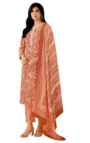 ladyline Women's Cool Cotton Printed Salwar Kameez | Casual Cotton Kurta with Pants and Mal Dupatta | Ethnic Indian Pakistani Dress Set (CPSK SIC799) (40/ Earth)