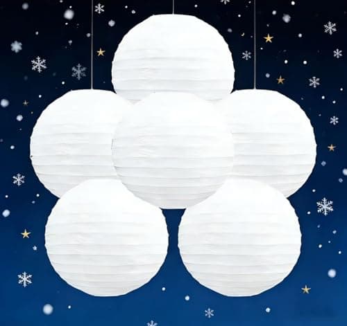 6PCS White Paper Lanterns New Year's Eve Wedding Anniversary Valentines Lantern12Inch Decorative Hanging Round Paper Lanterns for Birthday, Christmas, Graduation Party Event Indoor and Outdoor