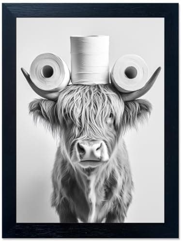 Funny Highland Cow Bathroom Wall Art with Toilet Paper on Head, Humorous Farmhouse Sign for Bathroom Decor, Rustic Black Framed Canvas Print for Restroom Toilet, Ready to Hang 8x10 Inch